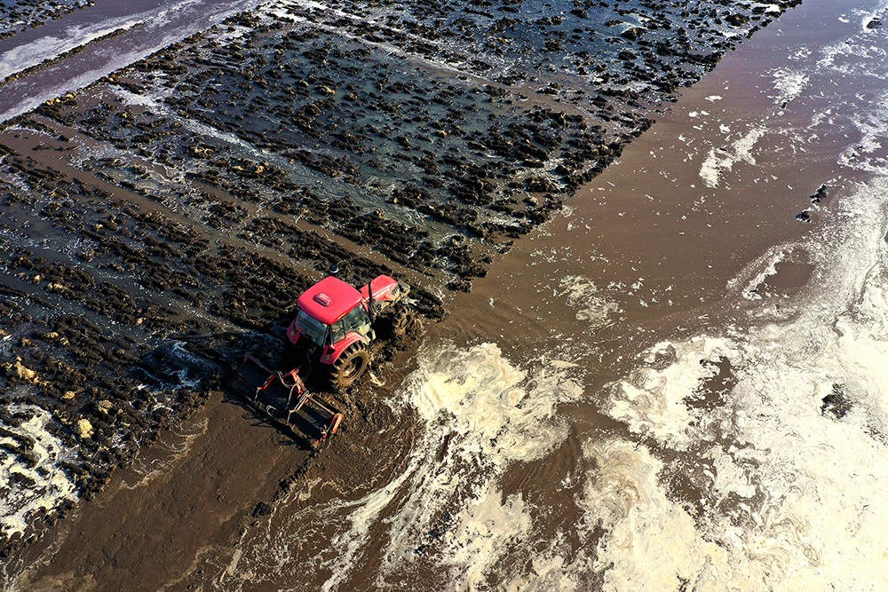 黑龙江垦区利用晴好天气进行水田施肥，机械作业省时省力，作业效率高，施肥面广、均匀，节约了种植成本，为下一步水稻插秧做好生产准备。图为北大荒股份友谊分公司种植户正在利用水田机械扬肥机进行施肥作业。【徐宏宇 张宏 摄】 (1).JPG